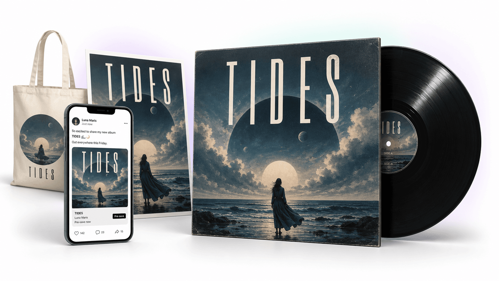 Finished album cover shown on vinyl, poster, tote bag, and social post mockups